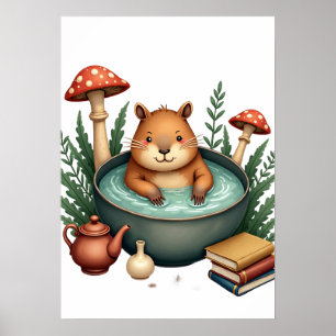 Traag Leven Capybara Hete Bron Paddenstoel Cottage Poster