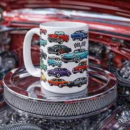 Tracé collagepatroon met klassieke auto's koffiemok
