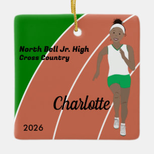 Track and Field Girl Zwart haar in groen en wit Keramisch Ornament