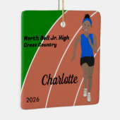 Track and Field Girl Zwart haar in het blauw Keramisch Ornament (Rechts)