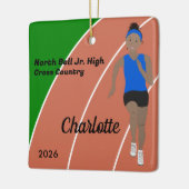 Track and Field Girl Zwart haar in het blauw Keramisch Ornament (Links)