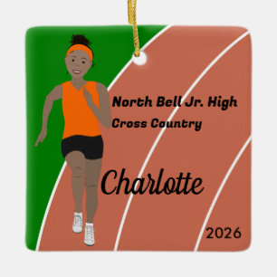 Track and Field Girl Zwart haar in het Sinaasappel Keramisch Ornament