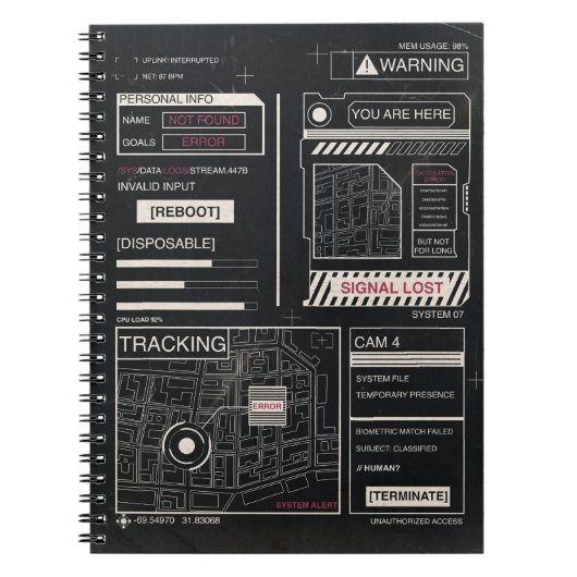 Tracking - Techno-Brutalist Streetwear Design Notitieboek (Voorkant)
