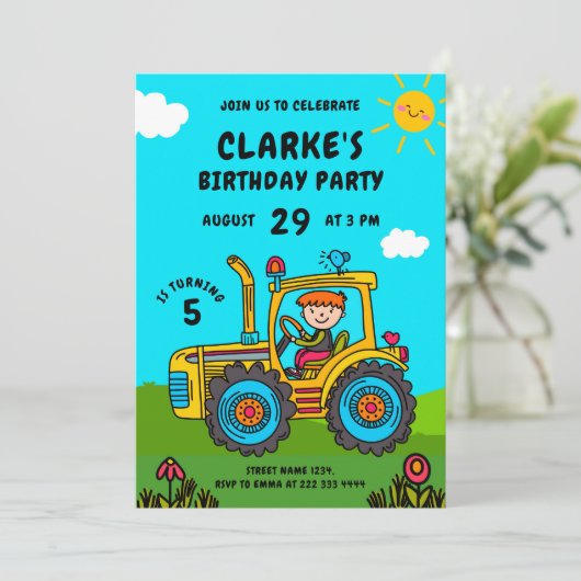 Tractor Adventure Sunny Birthday Bash Kaart (Staand voorkant)