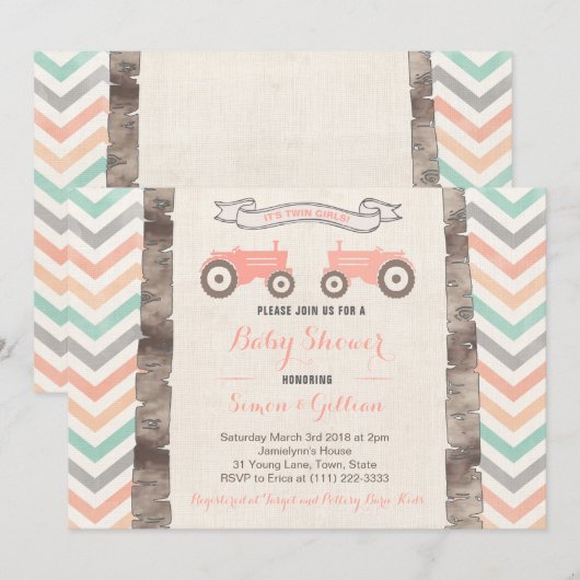 Tractor Aqua Coral Grey Girl Baby shower Kaart (Voorkant / Achterkant)