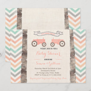 Tractor Aqua Coral Grey Girl Baby shower Kaart