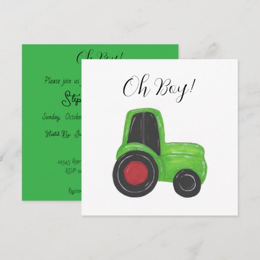 Tractor Baby Boy Douche Uitnodiging (Voorkant / Achterkant)