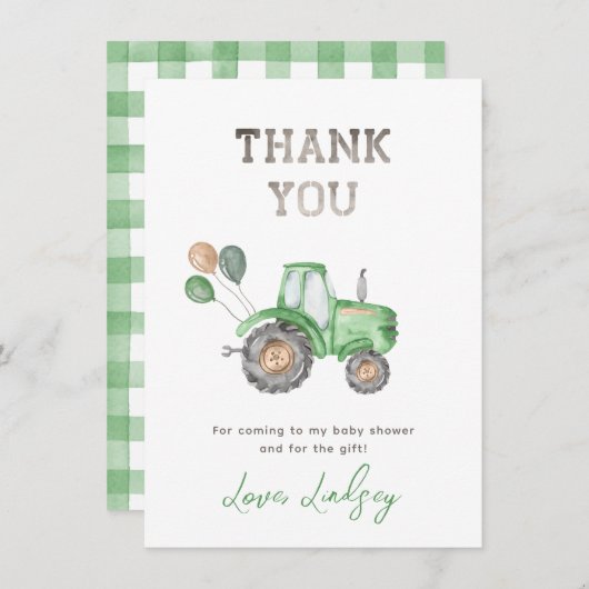 Tractor Baby shower - Hartelijk dank - Kaart (Voorkant / Achterkant)