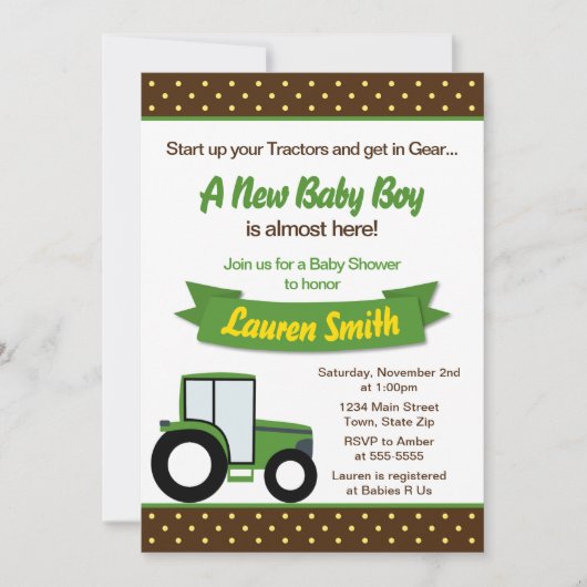 Tractor Baby shower Invitation 5x7 Card Kaart (Voorkant)