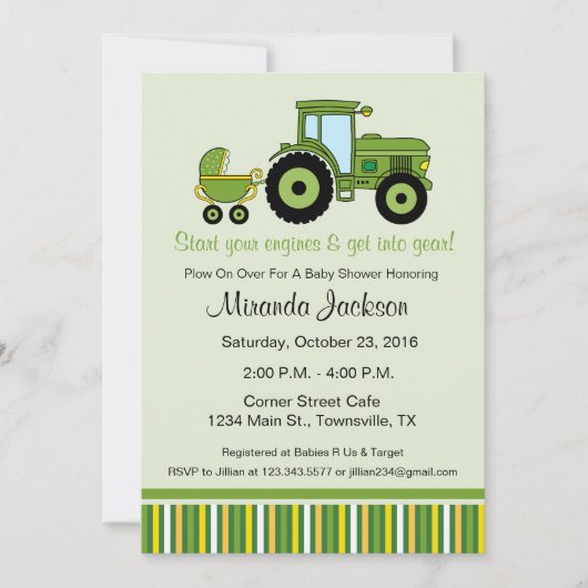 Tractor Baby shower Invitation green Kaart (Voorkant)