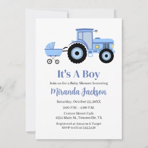 Tractor baby shower uitnodiging blauw