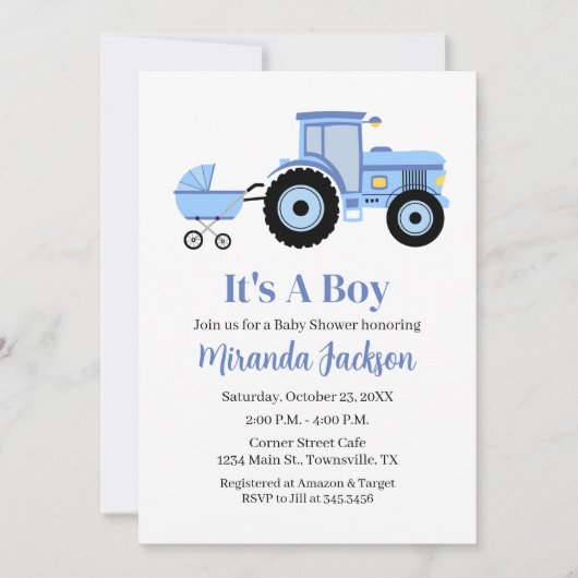 Tractor baby shower uitnodiging blauw (Voorkant)