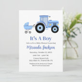 Tractor baby shower uitnodiging blauw (Staand voorkant)