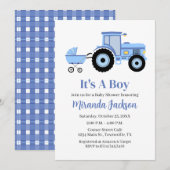 Tractor baby shower uitnodiging blauw (Voorkant / Achterkant)