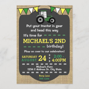 Tractor Birthday Invite, Green & Yellow Tractor Kaart
