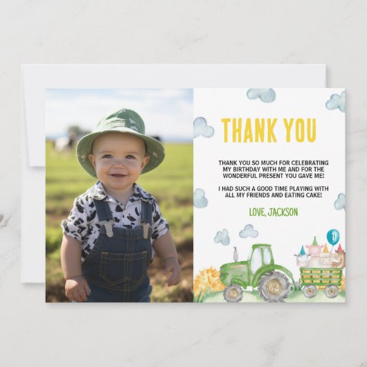 Tractor Boerderij Animal Verjaardagsfoto Dank u ka Bedankkaart (Voorkant)