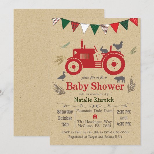 Tractor Boerderij Dier Baby Shower Uitnodiging (Voorkant / Achterkant)