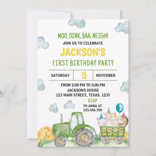 Tractor Boerderij Dierlijke Verjaardagsfeestuitnod Kaart (Voorkant)