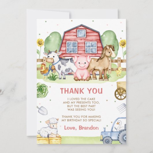Tractor Boerderijdieren 1e verjaardag Bedankkaart (Voorkant)