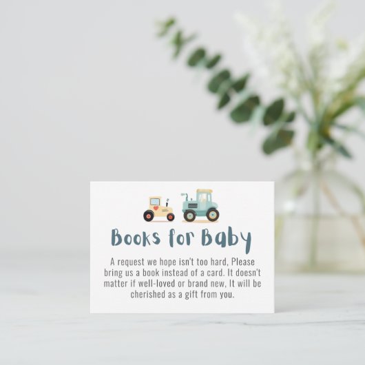 Tractor boy baby shower boeken voor baby informatiekaartje (Staand voorkant)