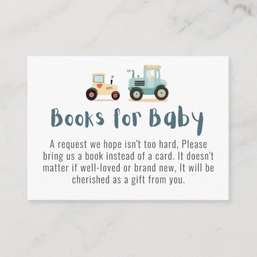 Tractor boy baby shower boeken voor baby informatiekaartje (Voorkant)