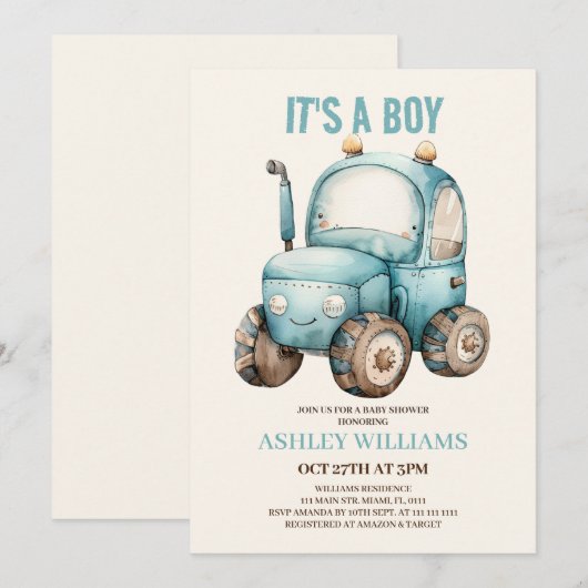 Tractor Boy Blue Baby shower Kaart (Voorkant / Achterkant)