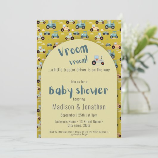 Tractor driver boer baby shower Uitnodiging (Staand voorkant)