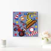Tractor en bulldozer polka stip boy kinder room vierkante klok (Huis)