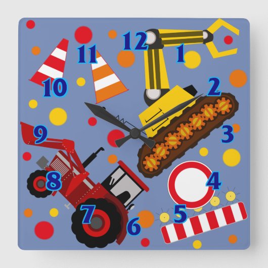 Tractor en bulldozer polka stip boy kinder room vierkante klok (Voorkant)