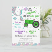 Tractor en zeemeermin broers en zussen verjaardags kaart (Staand voorkant)