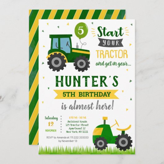 Tractor Farmer Birthday Party Invitation Kaart (Voorkant / Achterkant)
