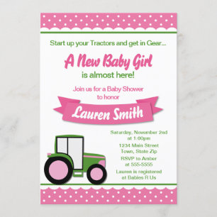 Tractor Girl Baby shower Invitation 5x7 Card Kaart