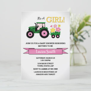 Tractor Girl Baby shower Invitation, roze tractor Kaart