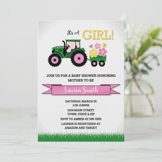 Tractor Girl Baby shower Invitation, roze tractor Kaart (Staand voorkant)