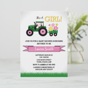Tractor Girl Baby shower Invitation, roze tractor Kaart