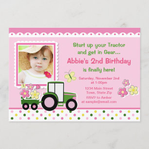 Tractor Girl Birthday Invitation 5x7 Photo Card Kaart