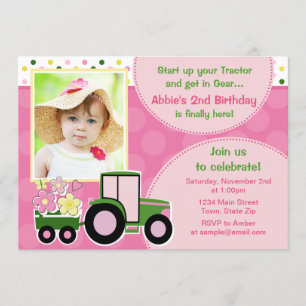 Tractor Girl Birthday Invitation 5x7 Photo Card Kaart