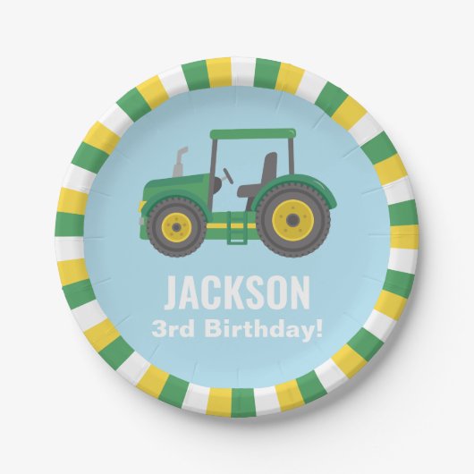 Tractor Green Yellow White Border Boys Birthday Papieren Bordje (Voorkant)