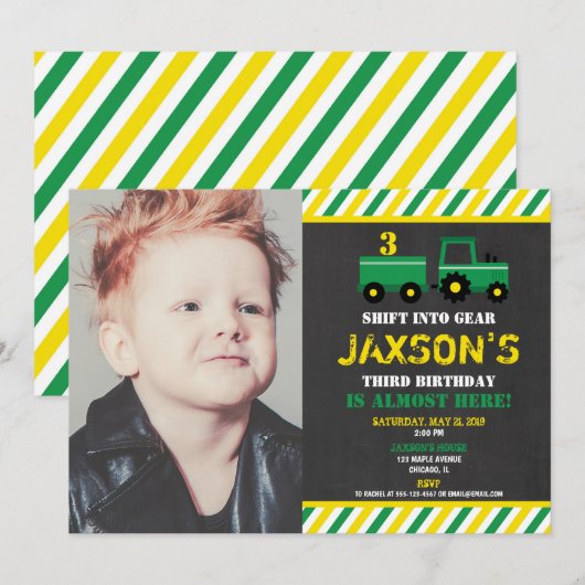 Tractor groen en geel jongen verjaardag foto kaart (Voorkant / Achterkant)