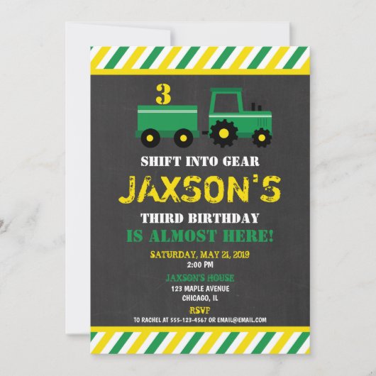 Tractor groen en geel verjaardagsuitnodiging jonge kaart (Voorkant)