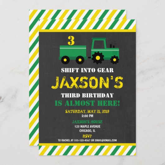 Tractor groen en geel verjaardagsuitnodiging jonge kaart (Voorkant / Achterkant)