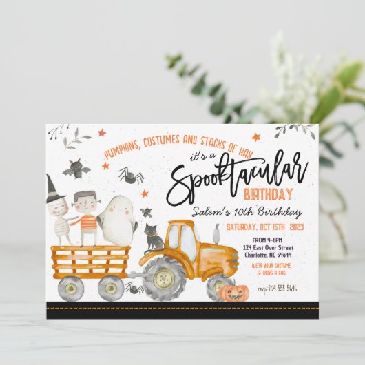 Tractor Halloween uitnodiging voor verjaardagsfees (Staand voorkant)
