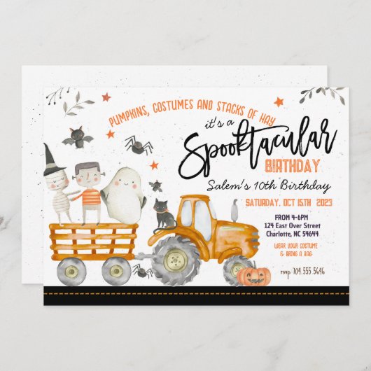 Tractor Halloween uitnodiging voor verjaardagsfees (Voorkant / Achterkant)