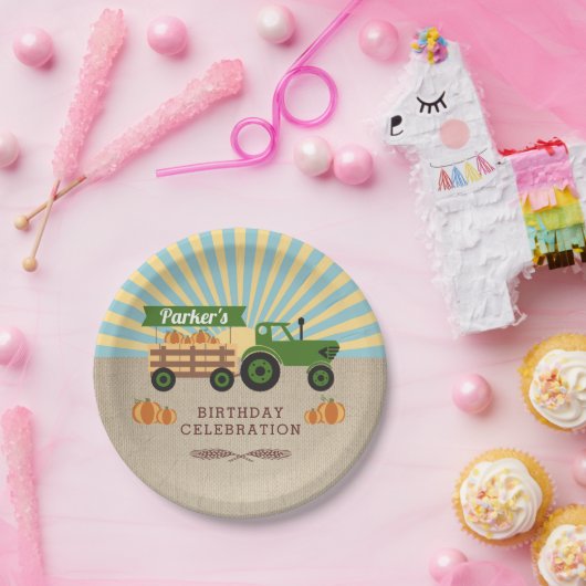 Tractor Hayride Pumpkin Birthday Party Papieren Bordje (Feest)