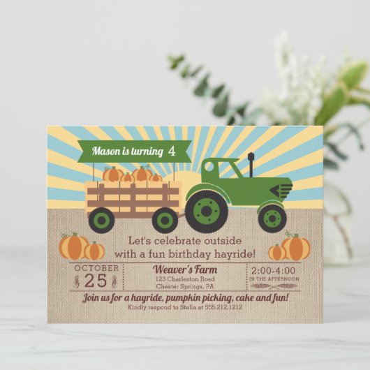 Tractor Hayride Pumpkin Picking Birthday Party Kaart (Staand voorkant)