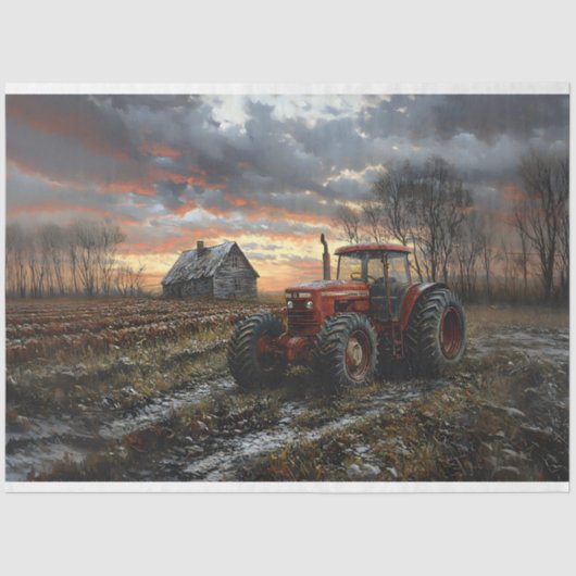 Tractor in een Boerderij Field Rustieke Decoupage Tissuepapier (Voorkant)