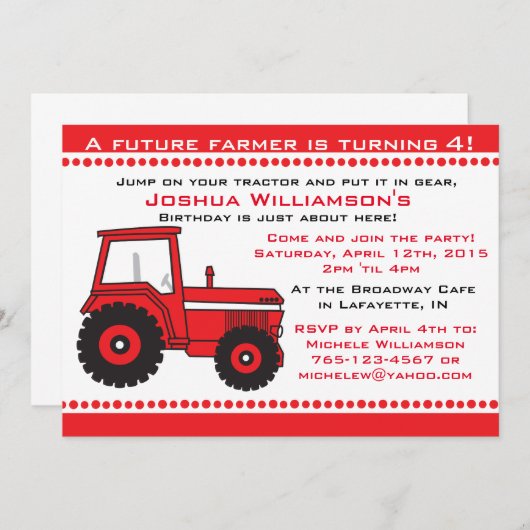 Tractor Jongen / Meisje Verjaardag Uitnodiging (Voorkant / Achterkant)