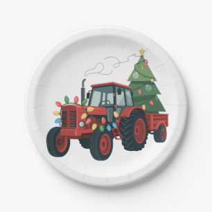 Tractor met aanhangwagen Santa boerderij boer Kers Papieren Bordje