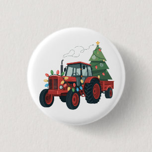 Tractor met aanhangwagen Santa boerderij boer Kers Ronde Button 3,2 Cm