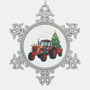 Tractor met aanhangwagen Santa boerderij boer Kers Tin Sneeuwvlok Ornament